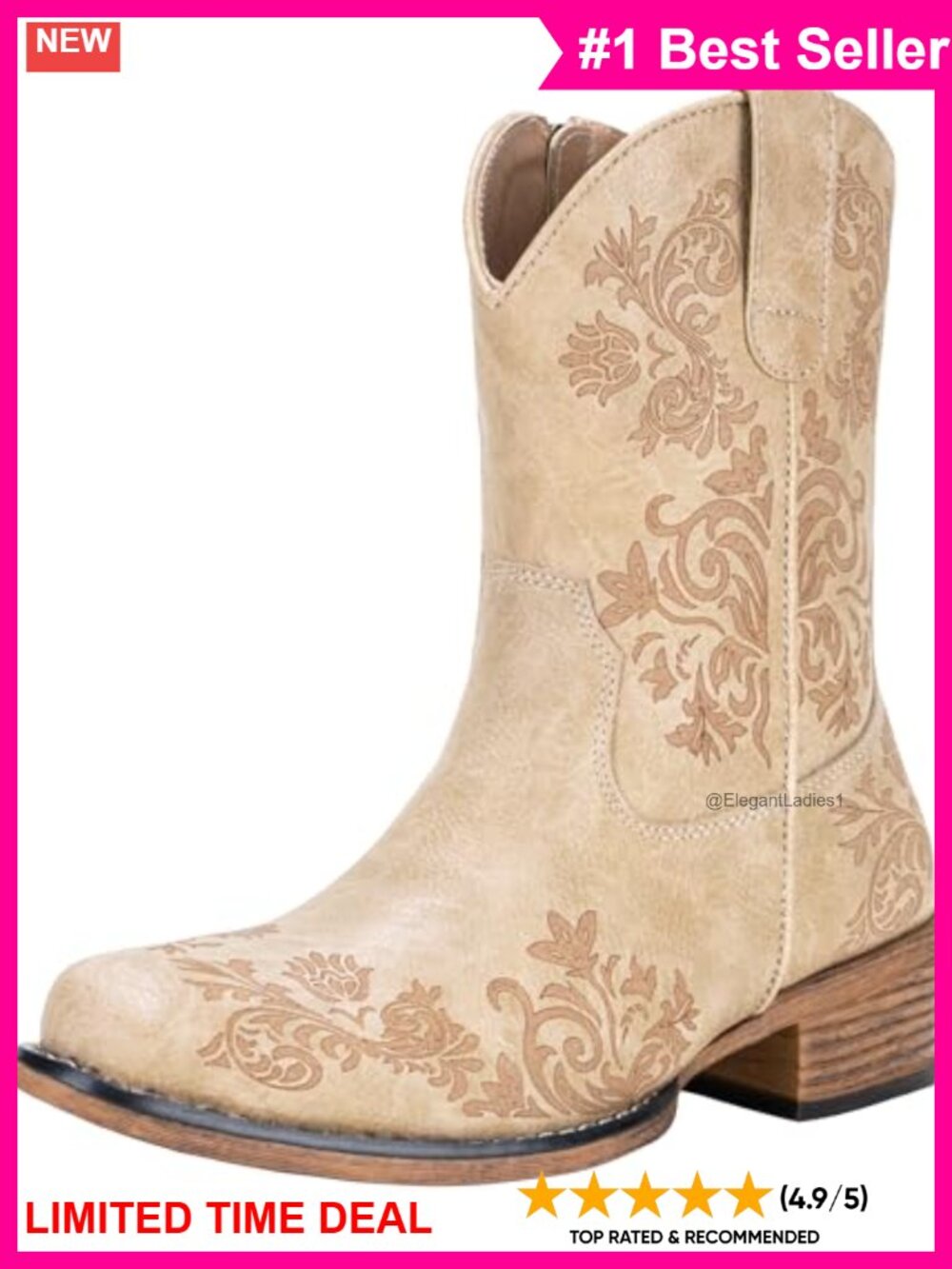 Square Toe Ankle Cowboy Boots Faux Leather Low Block Heel Side Zip
